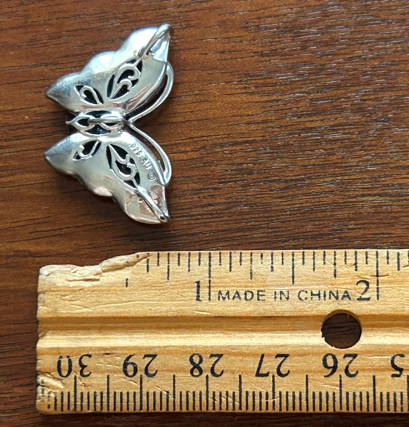 Signed AU Sterling Silver 925 Teal Blue Rhinestone Butterfly Slide Pendant
