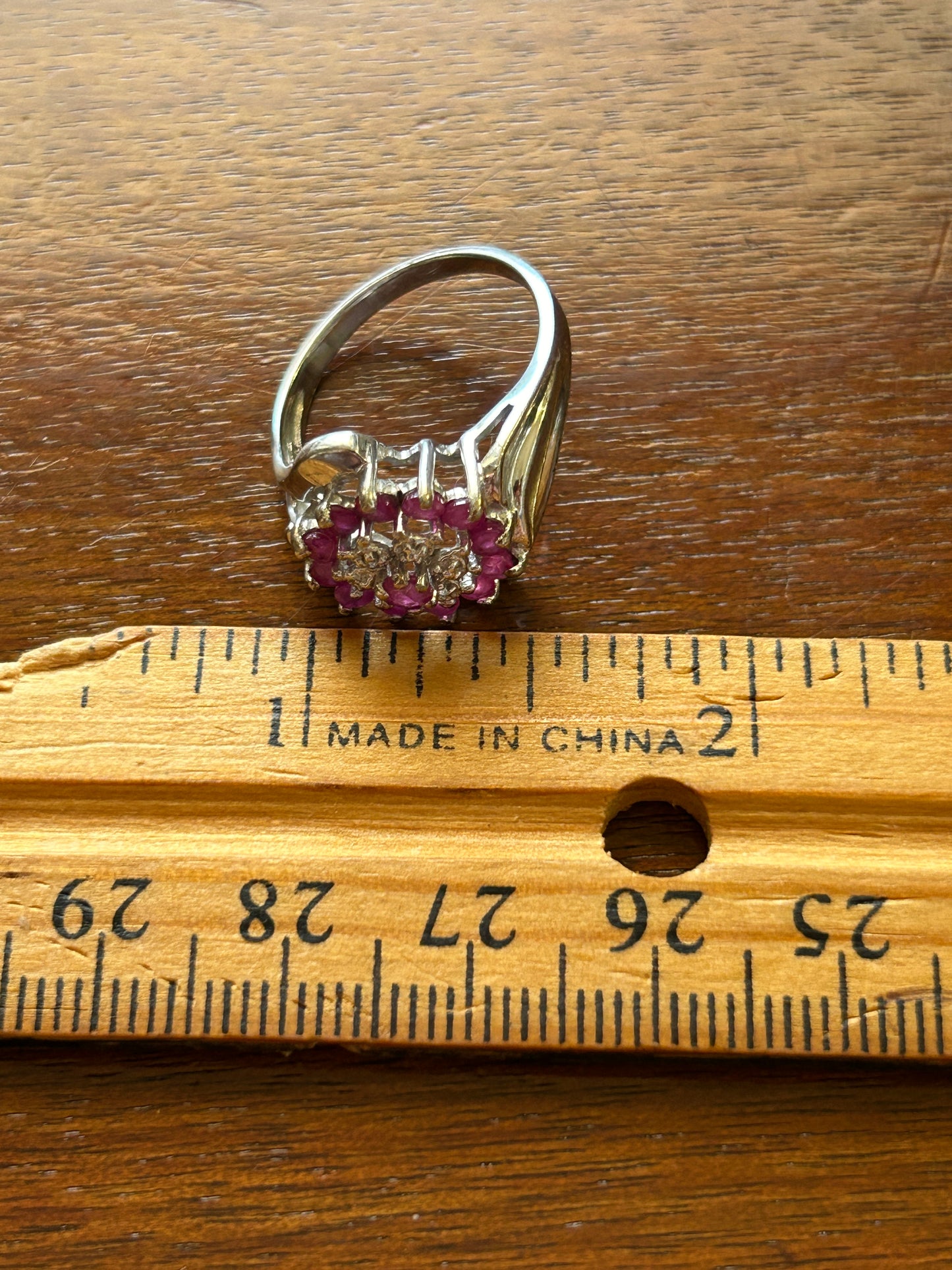 10k White Gold Ruby Diamond Cluster Cocktail Ring Sz 7