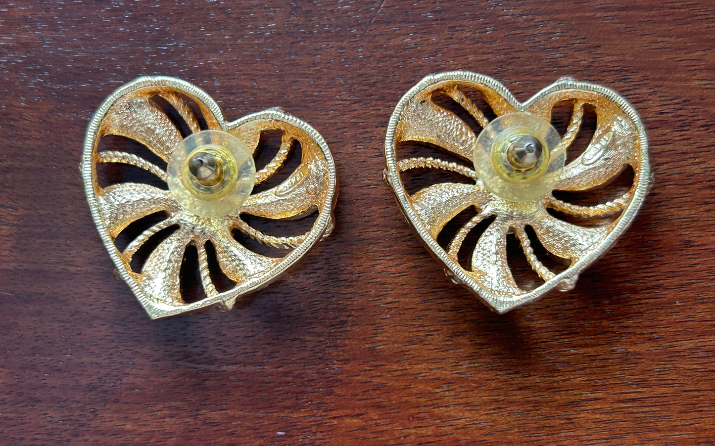 Vintage Large Avon Gold Tone Rhinestone Heart Shaped Open Work Pierced Earrings