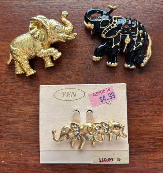 Vintage Elephant Animal Brooch Pin Bracelet  Lot Enamel Gold Tone Rhinestones