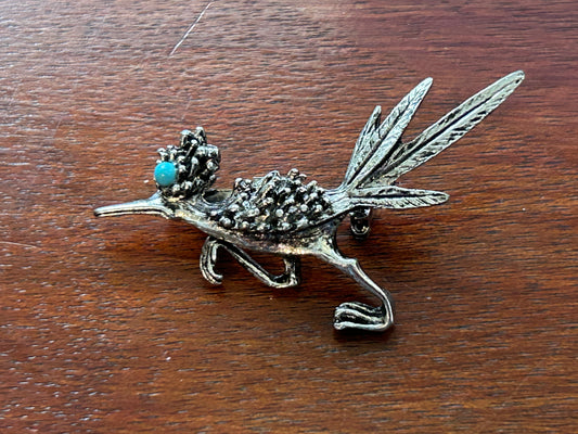 Vintage Silver Tone Blue Roadrunner Brooch Pin