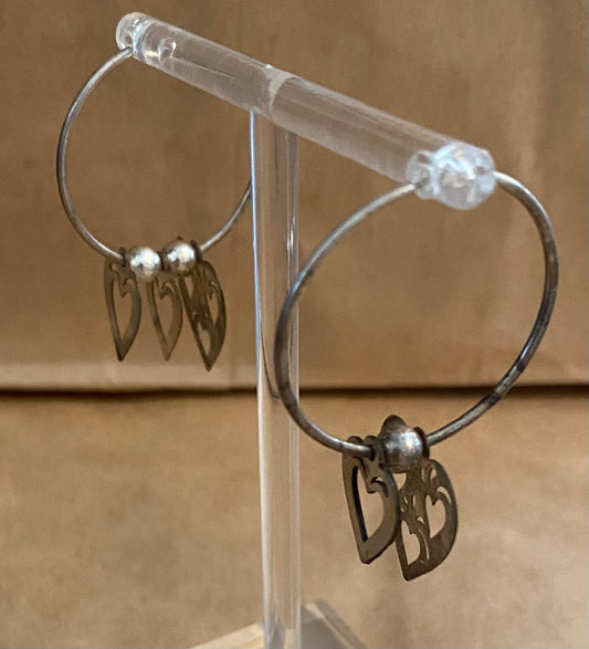 Sterling Silver 925 Heart Charm Cutout Large Hoop Earrings Pierced