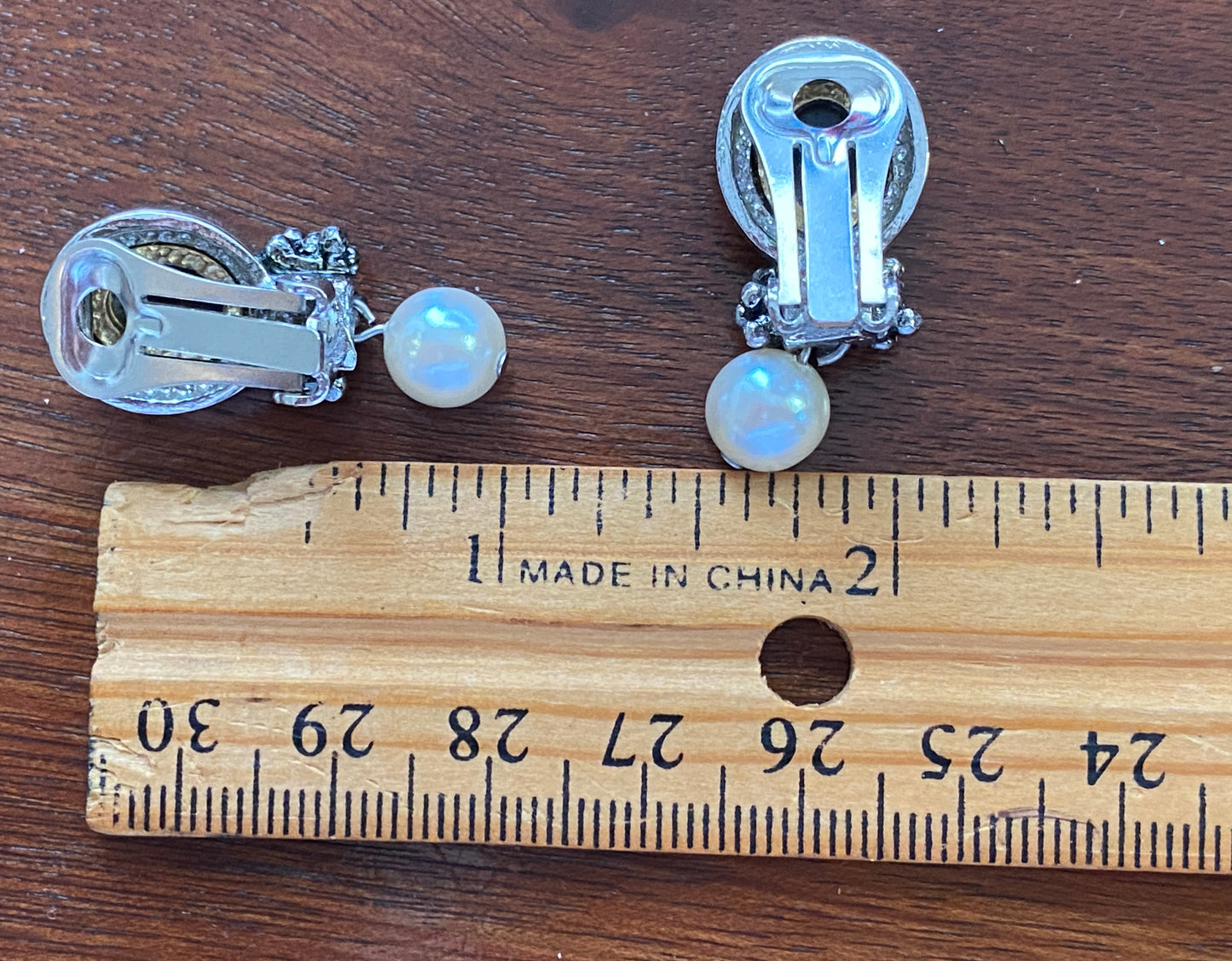 Vintage Gold Silver Tone Moonstone Faux Pearl Clip on Earrings