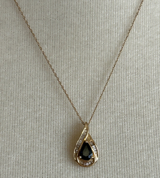 14k Yellow Gold Pear Shaped Sapphire Baguette Diamond Pendant Necklace