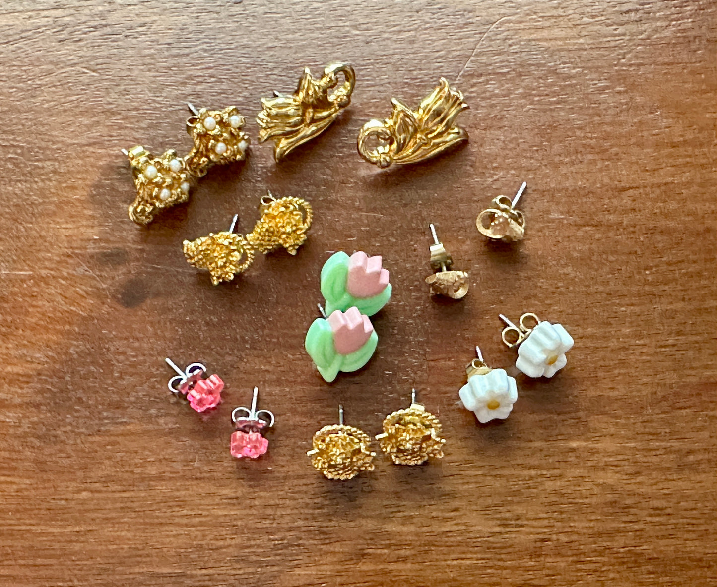 Vintage Avon Spring Theme Flower Basket Lily Earrings Stud Lot Pastel Pink Gold