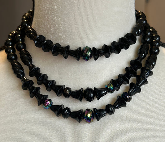 Vintage Western Germany Black AB Aurora Borealis Multistrand Necklace