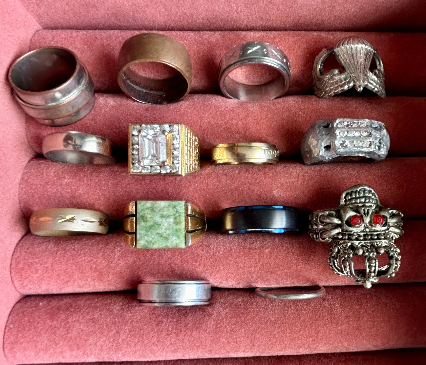 Vintage to Now Mens Ring Lot Faux Jade Rhinestone Signed Band Copper Gold Silver