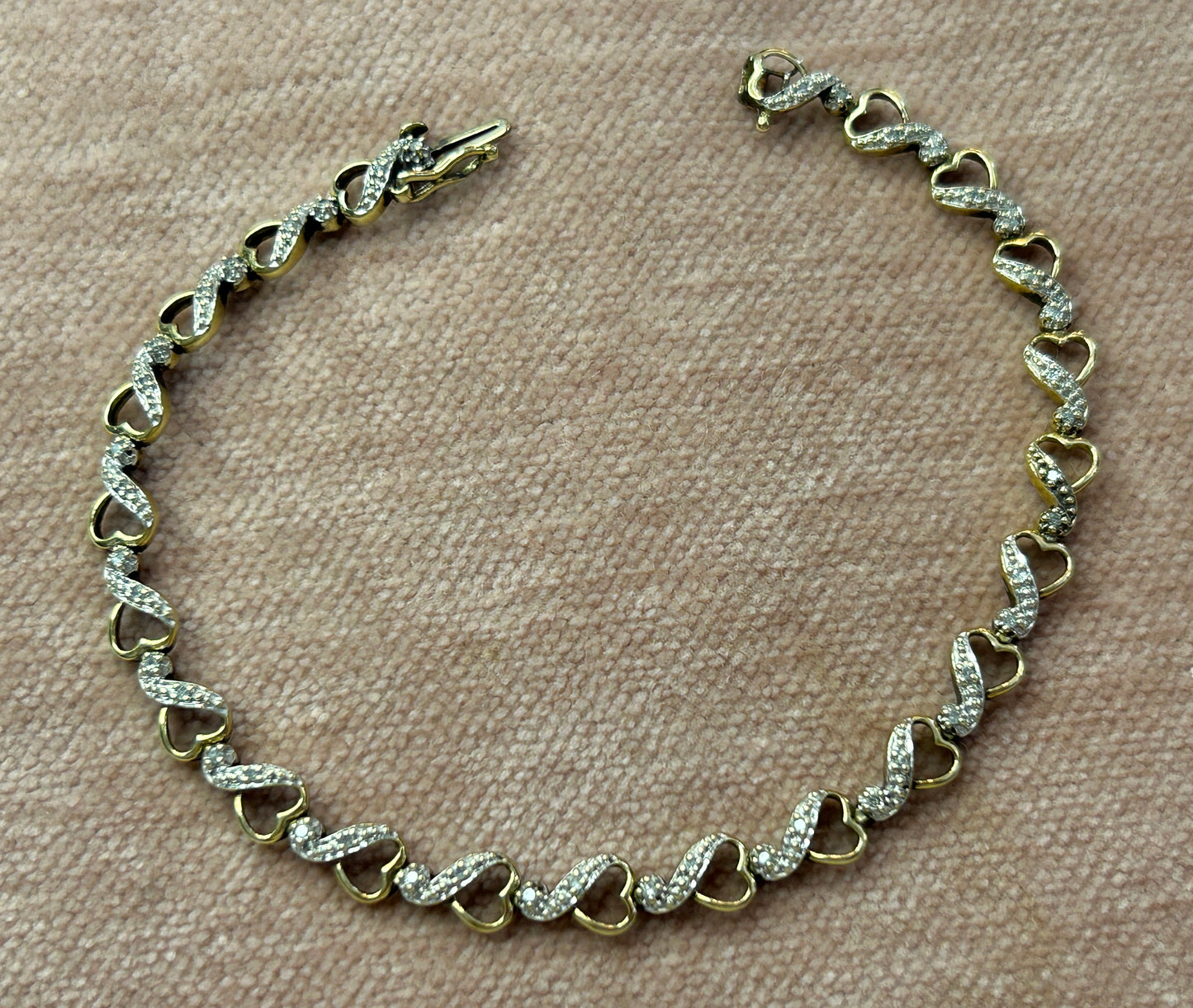 10k Yellow Gold Diamond Accent Heart Tennis Bracelet Signed HN