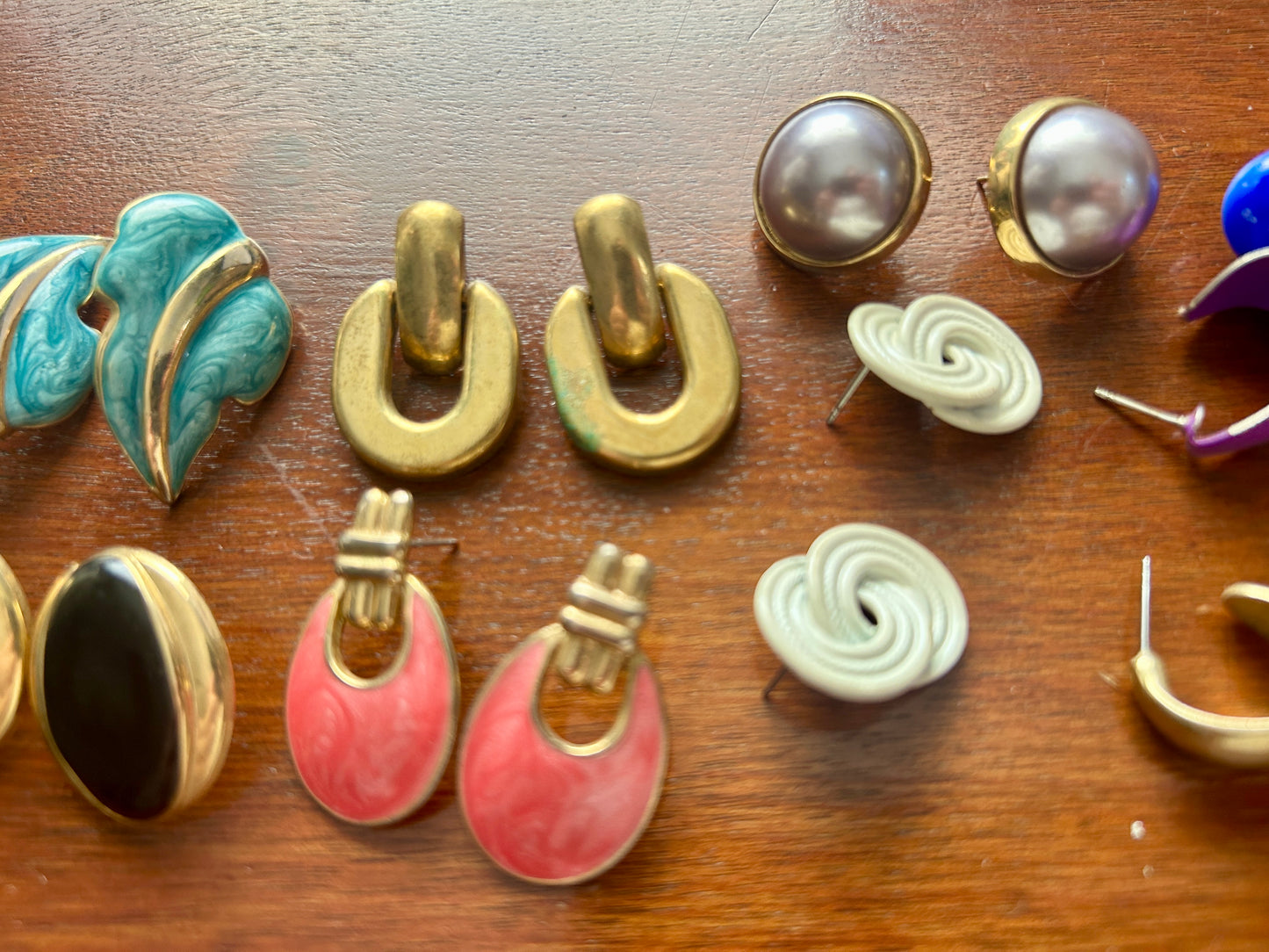 Vintage 80's Pierced Earrings Lot Enamel Cabochon Big Coloful Doorknockers