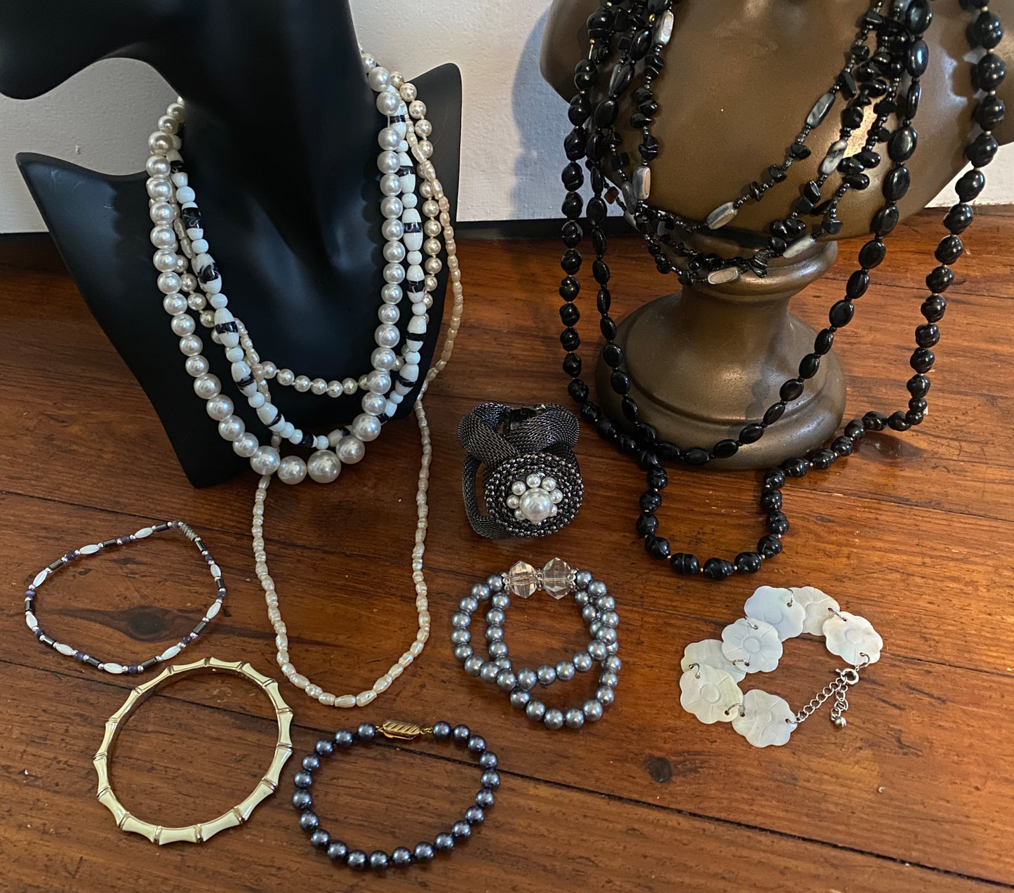 Vintage to Now Jewelry Lot Black White Gray Faux Pearl Mother of Pearl Bead