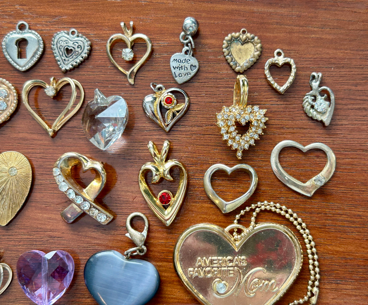 Vintage to Now Heart Shaped Pendant Charms Lot Gold Rhinestone Glass Puffy