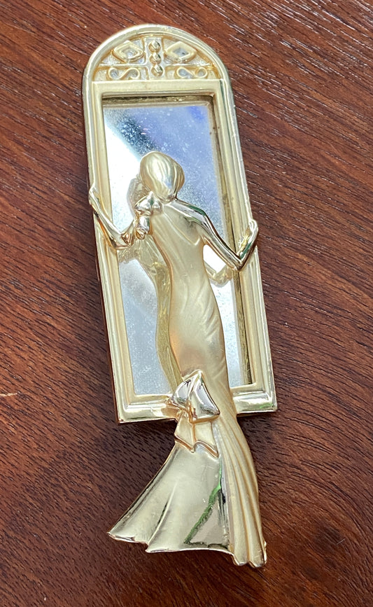 Vintage AJC Signed Woman Vanity Mirror Brooch Pin