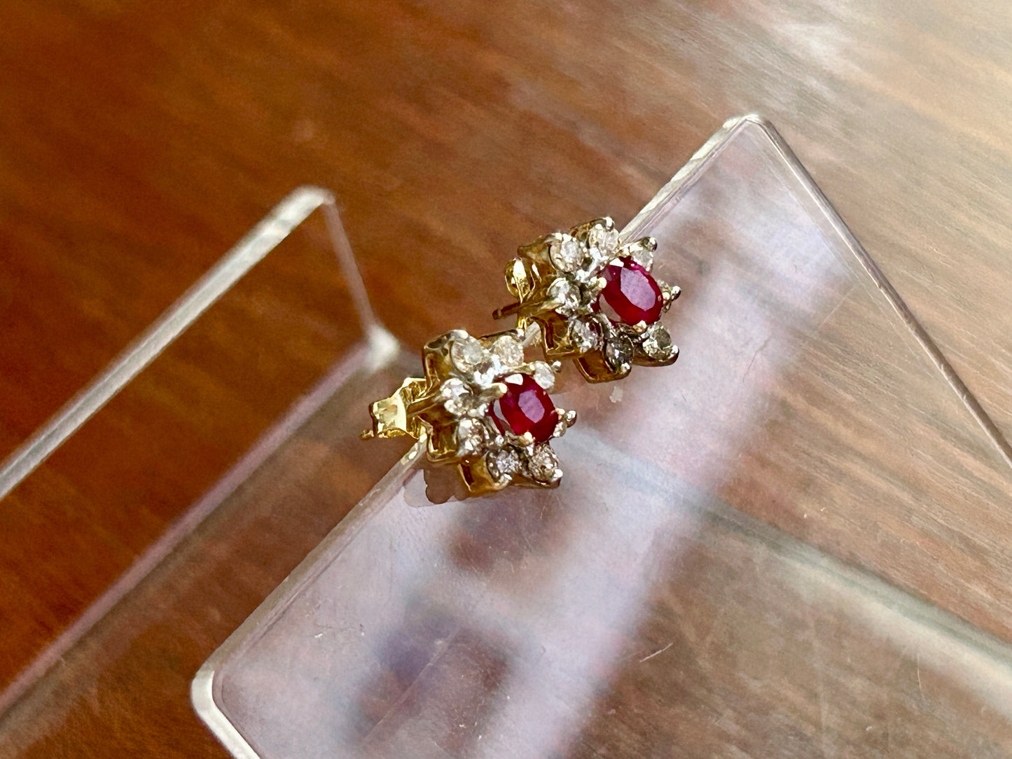 14k Yellow Gold Oval Ruby Diamond Halo Stud Pierced Cluster Earrings