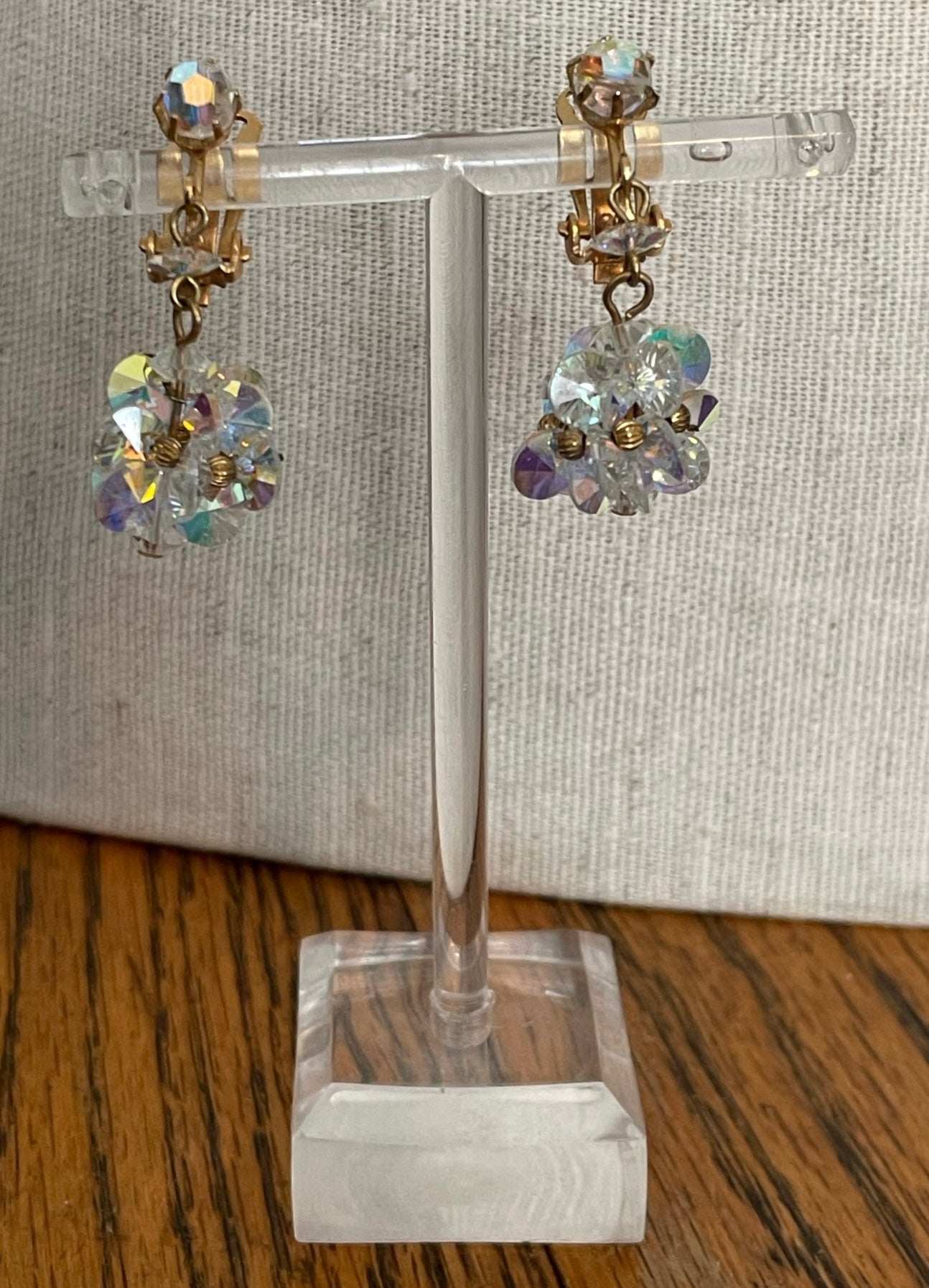 Vintage Gold Tone AB Aurora Borealis Faceted Beaded Dangly Clip on Earrings