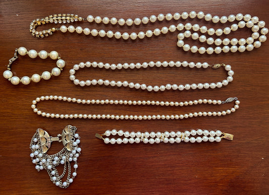 Vintage to Now Faux Pearl Necklace Bracelets Sterling Clasp Chain Multistrand