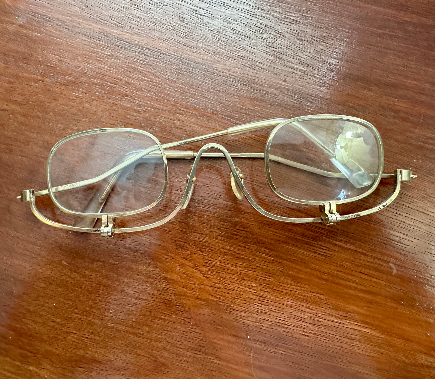 Vintage Taiwan Gold Tone Frame Steam Punk Magnifying Fold Down Lenses Eyeglasses