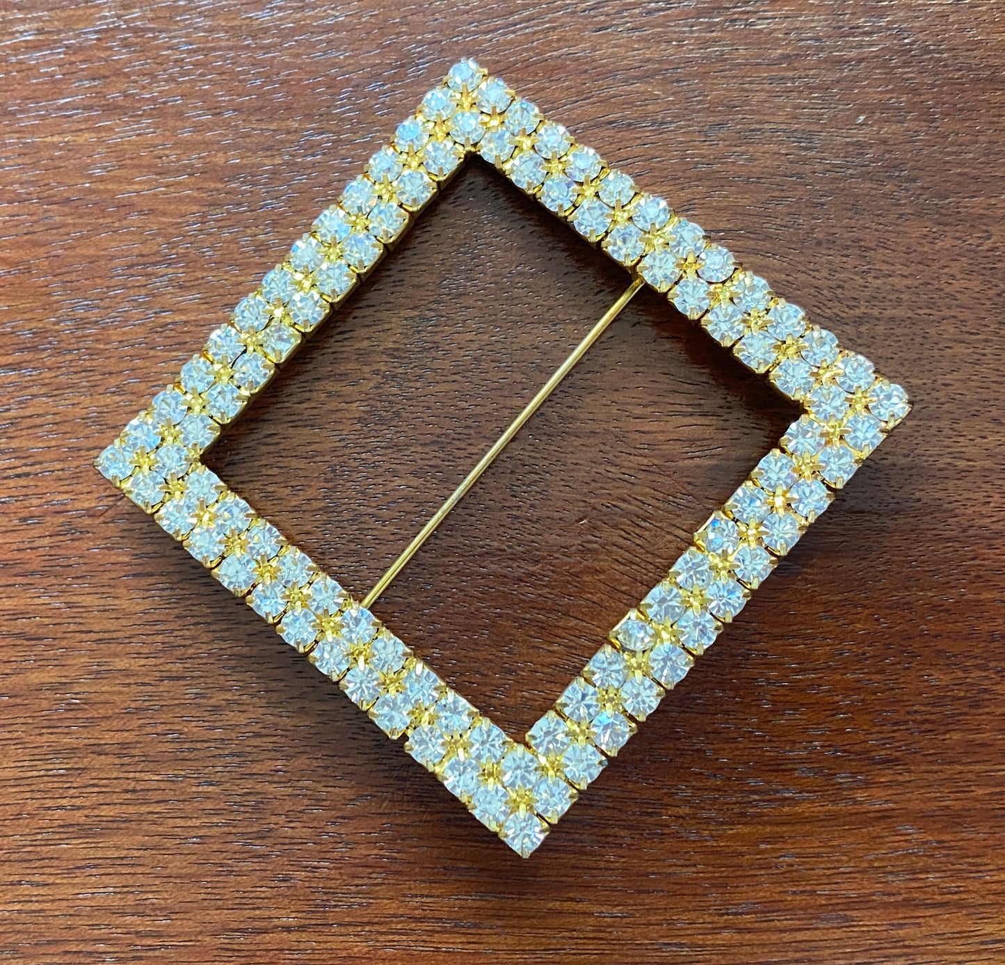 Large Gold Tone Open Square Rhinestone Brooch Pin Buckle