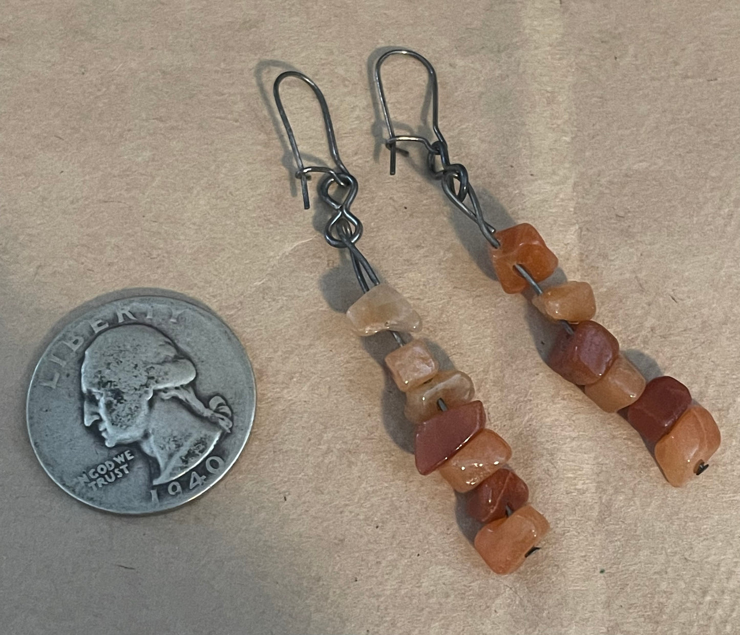 Silver Tone Amber Bead French Wire Pierced Dangly Drop Earrings