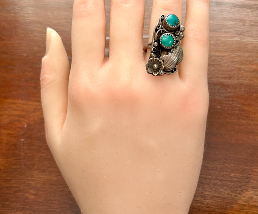 Native American Sterling Silver 925 Turquoise Ring Sz 7 Signed RHR Flower Motif