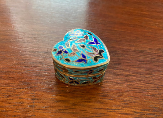 Sterling Silver 925 Vintage Enamel Cloisonne Small Heart Trinket Box