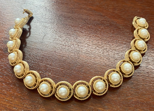 Vintage Trifari Gold Tone Textured Faux Pearl Bracelet