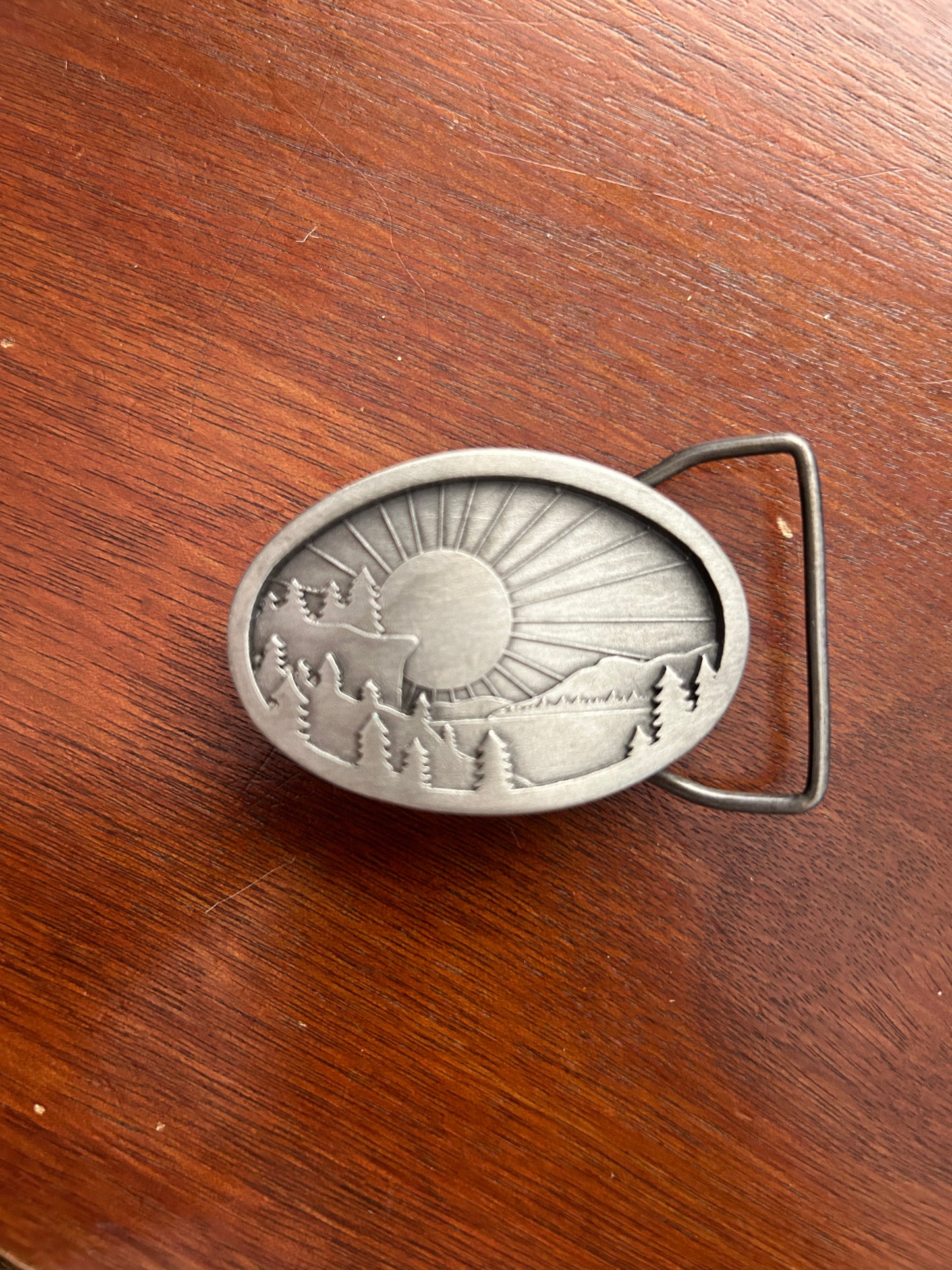 Vintage 1977 Indiana Metal Craft Pewter Oval Sun Mountains Forest Belt Buckle