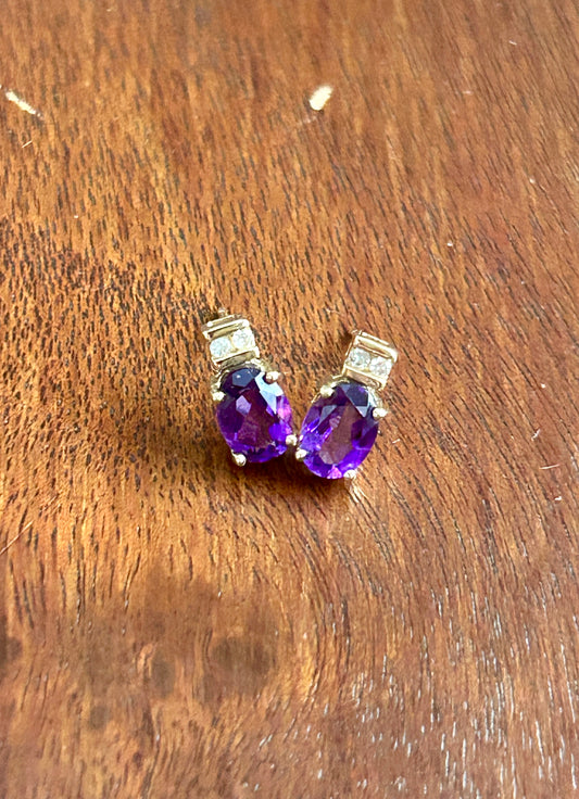 10k Yellow Gold Oval Amethyst Channel Set Diamond Stud Pierced Earrings