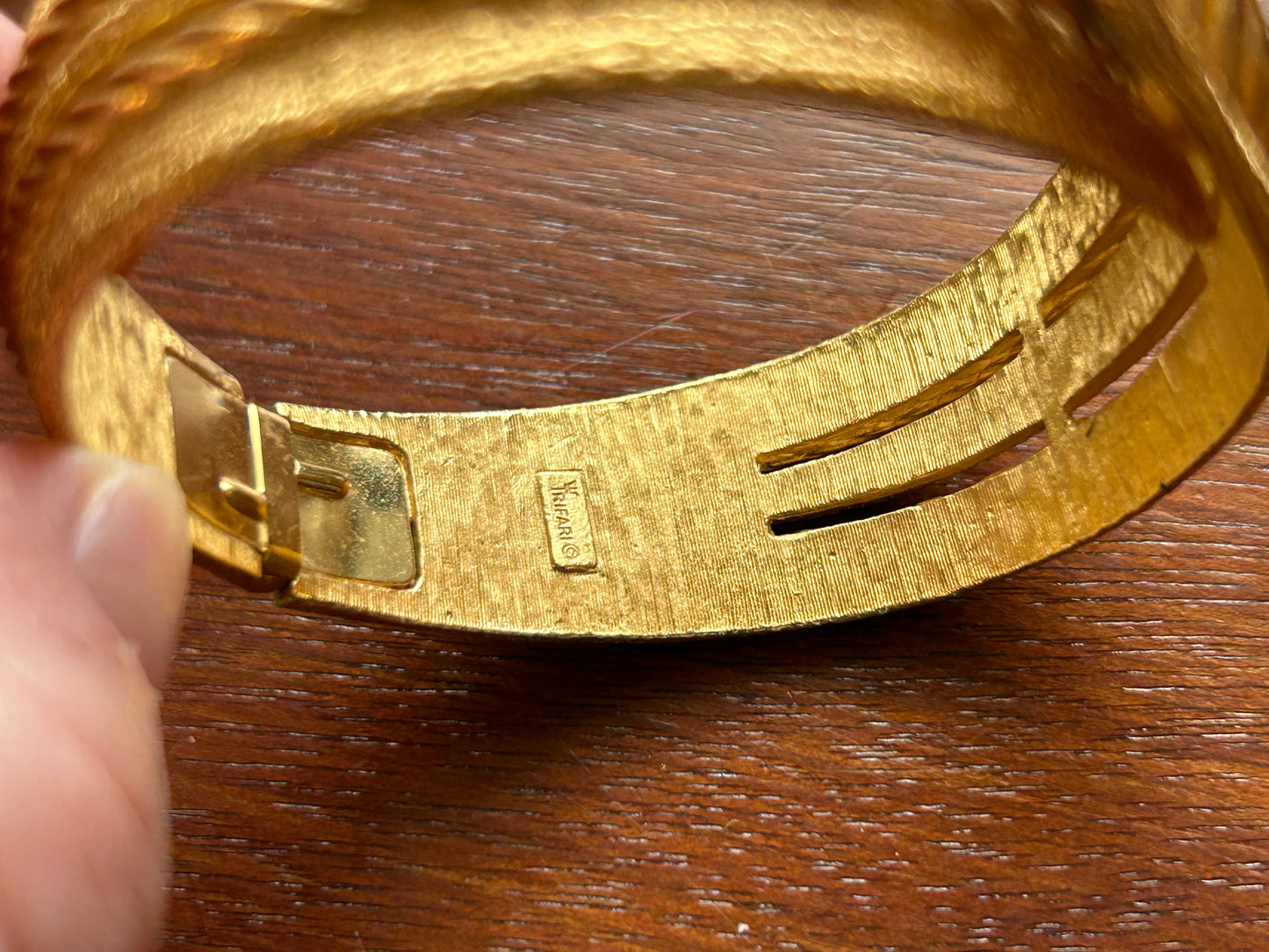 Vintage Crown Trifari Textured Brushed Gold Tone Clamper Bracelet