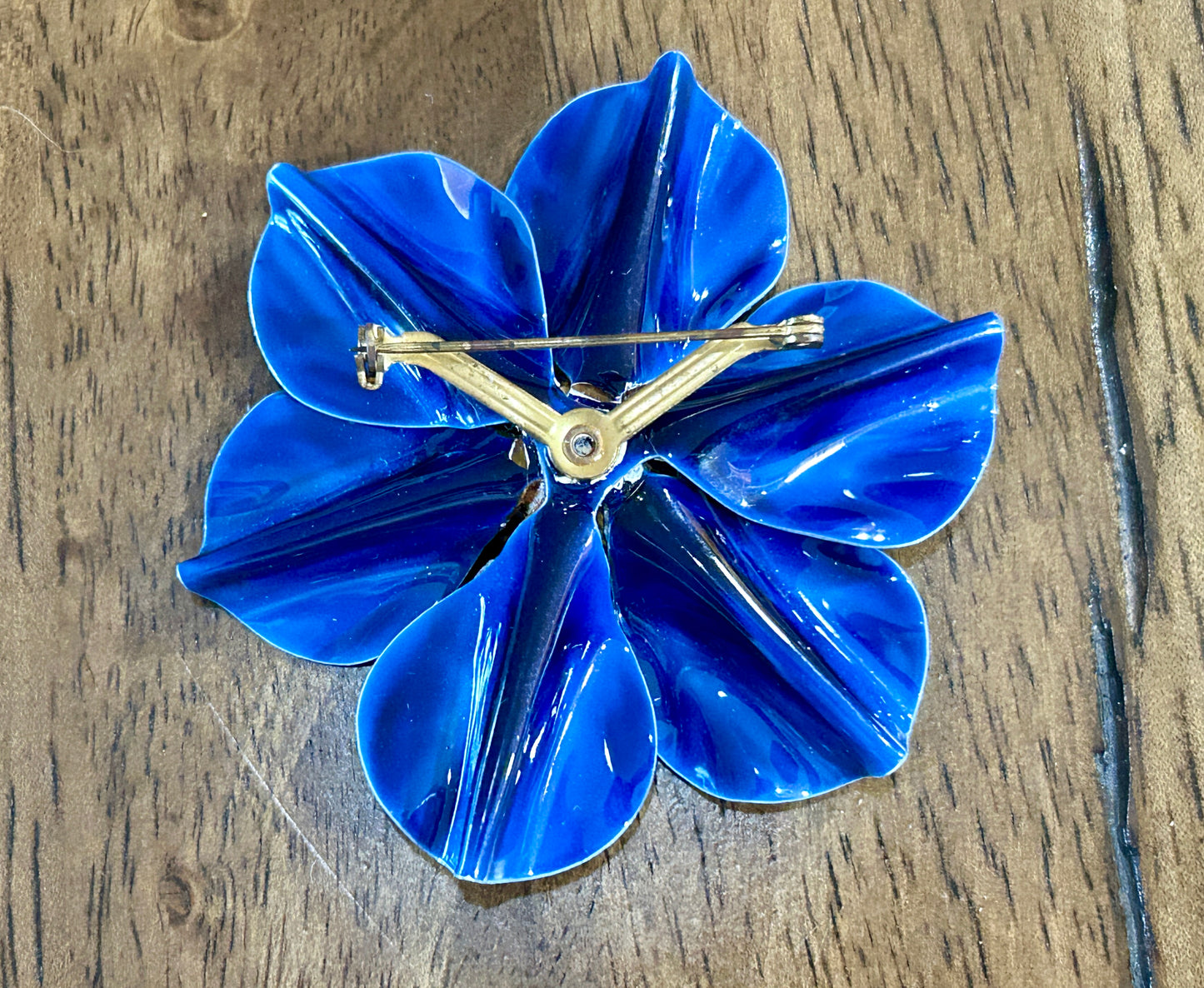 Vintage Large Blue Enamel Flower Brooch Pin