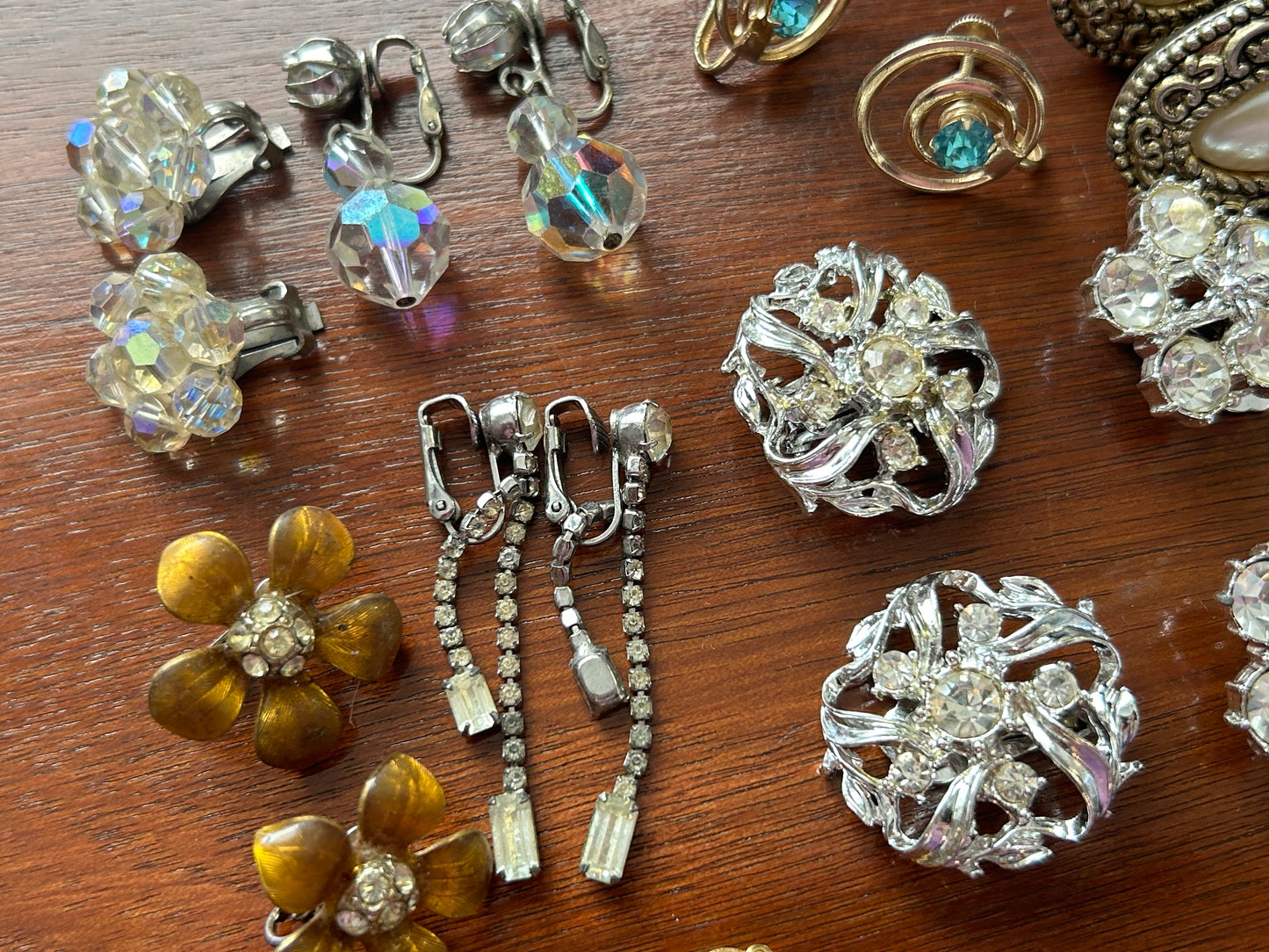 Vintage Clip On Earrings Earring Lot Rhinestone Aurora Borealis AB Glass Pearl