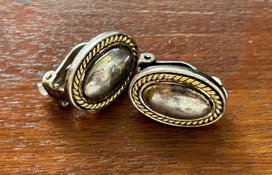 Vintage Silver Tone Clip On Earrings Oval With Gold Tone Rope Braid Trim