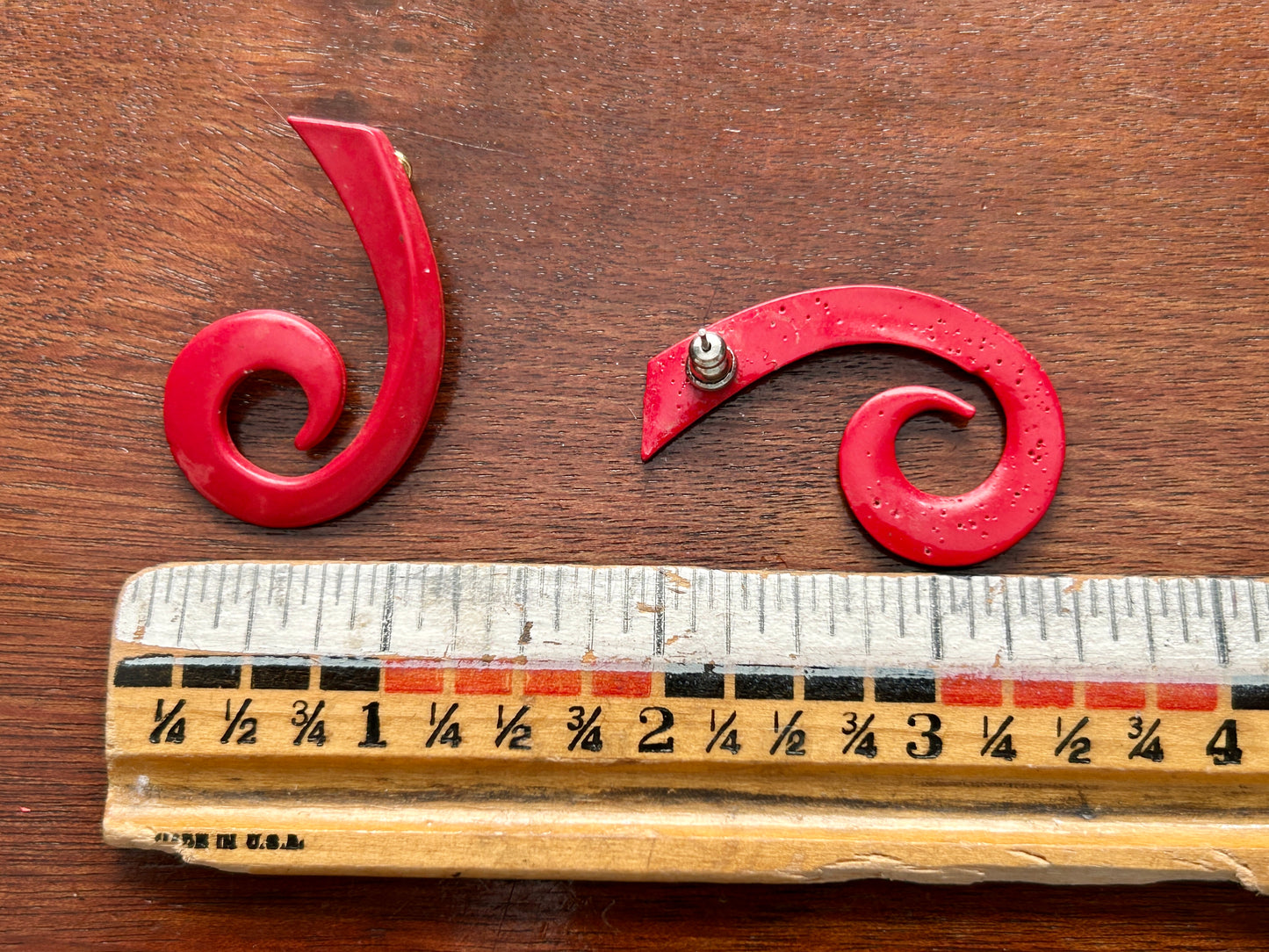 Vintage Red Metal Large Swirl 80s Runway Statement Pierced Earrings