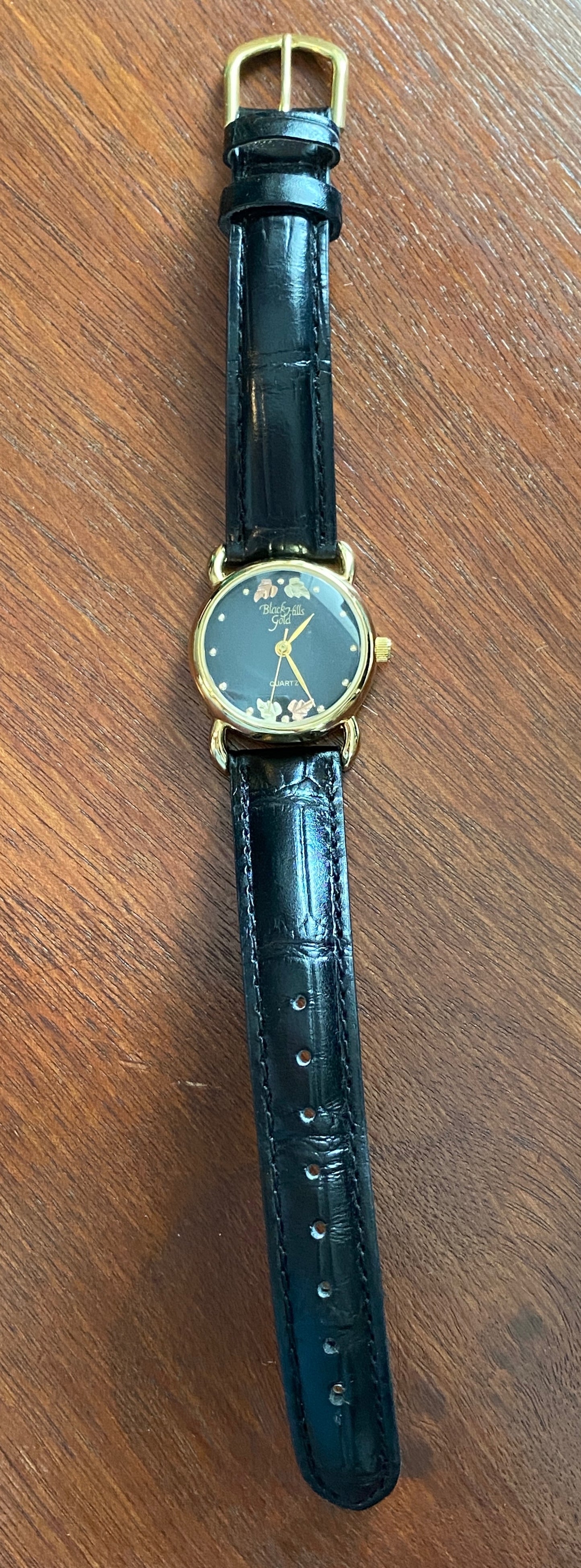 Black Hills Gold 12k Gold Leaves Black Leather Wristwatch