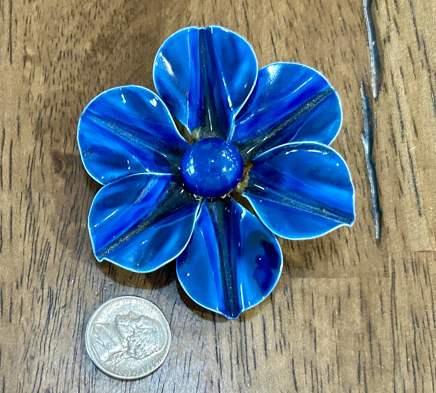 Vintage Large Blue Enamel Flower Brooch Pin