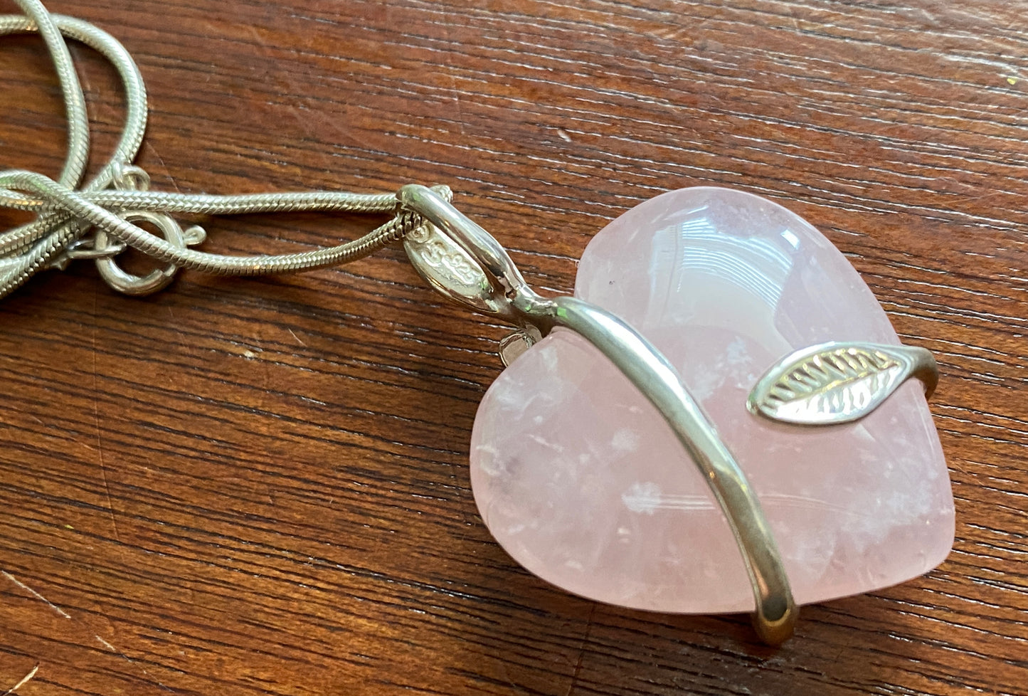 Sterling Silver 925 Rose Quartz Puffy Heart Leaves Pendant Necklace