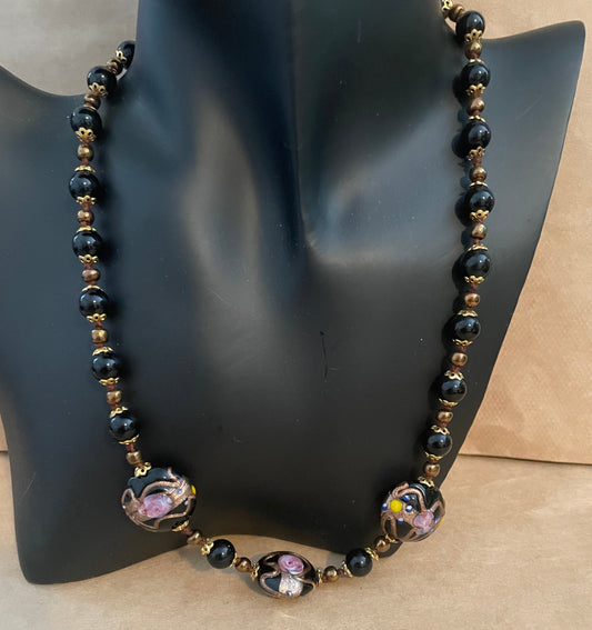 Vintage Art Glass Venetian Murano Wedding Cake Bead Black Pink Necklace