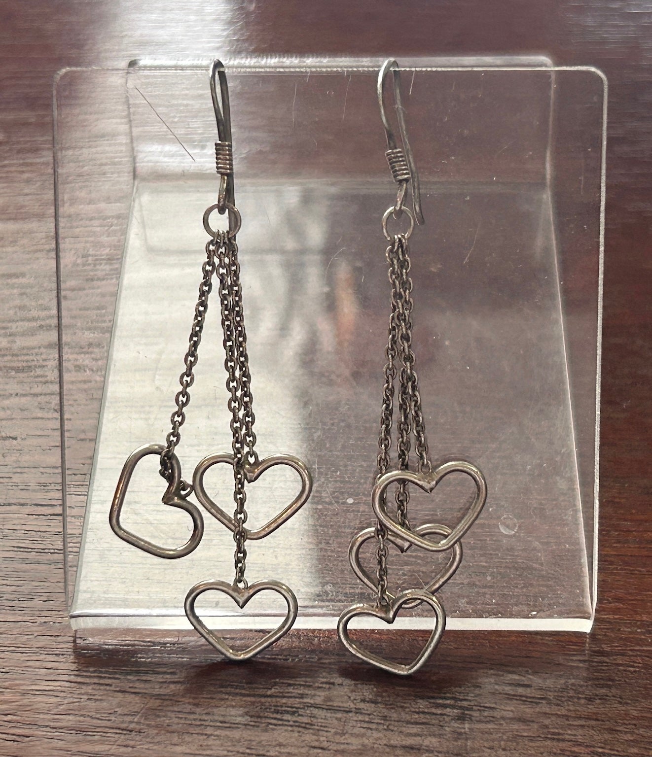 Sterling Silver 925 Dangly French Wire Cut Out Hearts Pierced Earrings