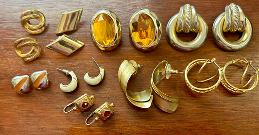 Vintage Gold Tone Earrings Lot Rhinestone Doorknocker Enamel Hoop 80's Dangly
