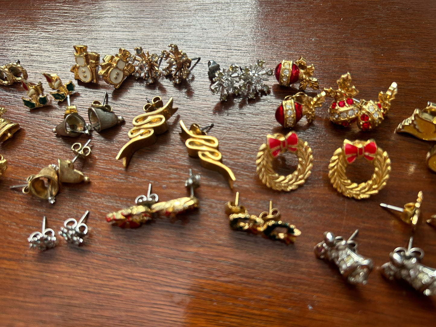 Vintage Lot of Pierced Stud Earrings Gold Silver Tone Red Enamel Bells Wreath