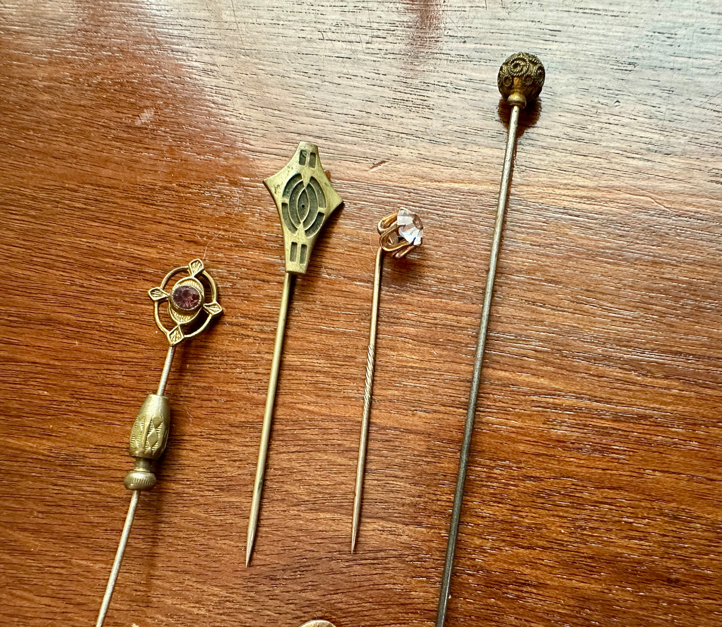Antique Vintage Hat Stick Pin Lot Abalone Gold Tone Monogram Rhinestone Amethyst