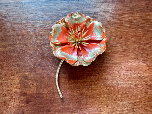 Vintage Large Gold Tone Coral Colored Enamel Flower Brooch Pin