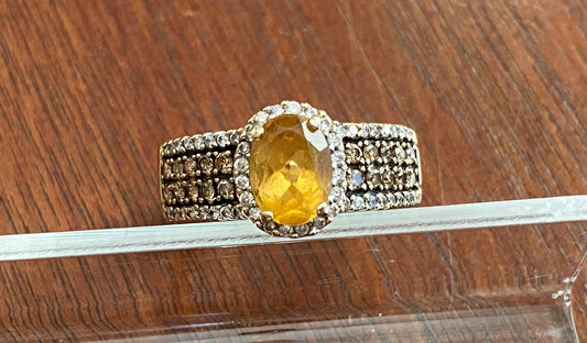 LeVian 14k Yellow Gold 1ct Oval Citrine Chocolate Diamond Ring Sz 7.25