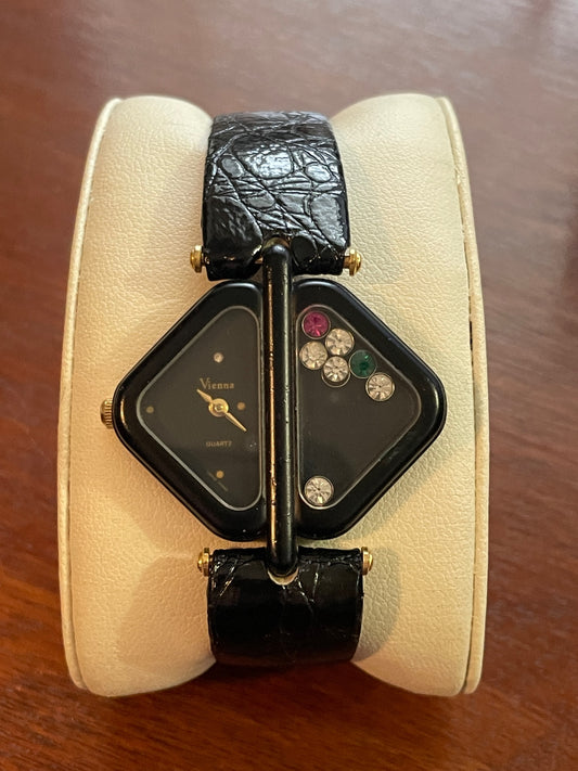 Vintage Vienna Unique Design Ladies Wristwatch Quartz Black Leather