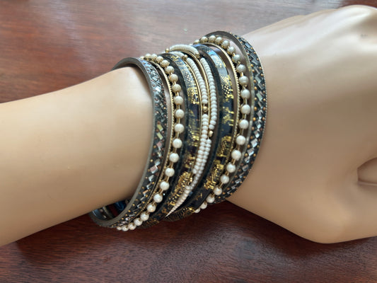 Vintage Set of Gold Tone & Black Bangles Bracelet Faux Seed Pearl