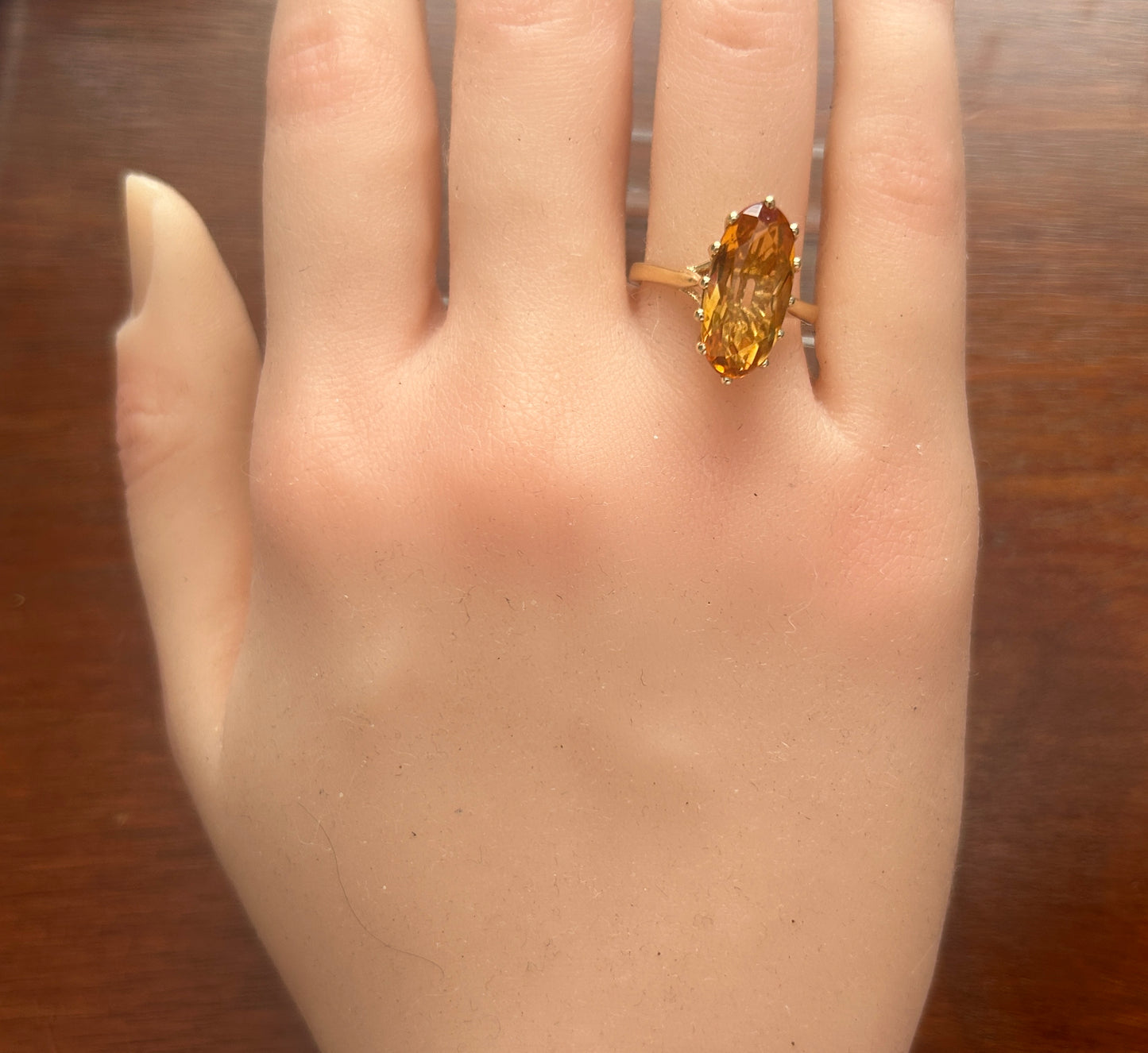 14k Yellow Gold Large Bi-Color Orange Stone Oval Ring Sz 7