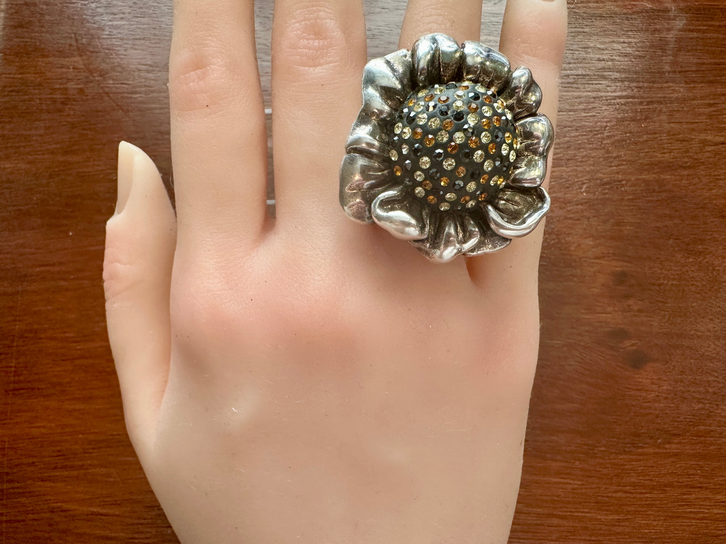 Massive Sterling Silver 925 Puffy Sunflower Rhinestone Cocktail Ring Sz 7.75