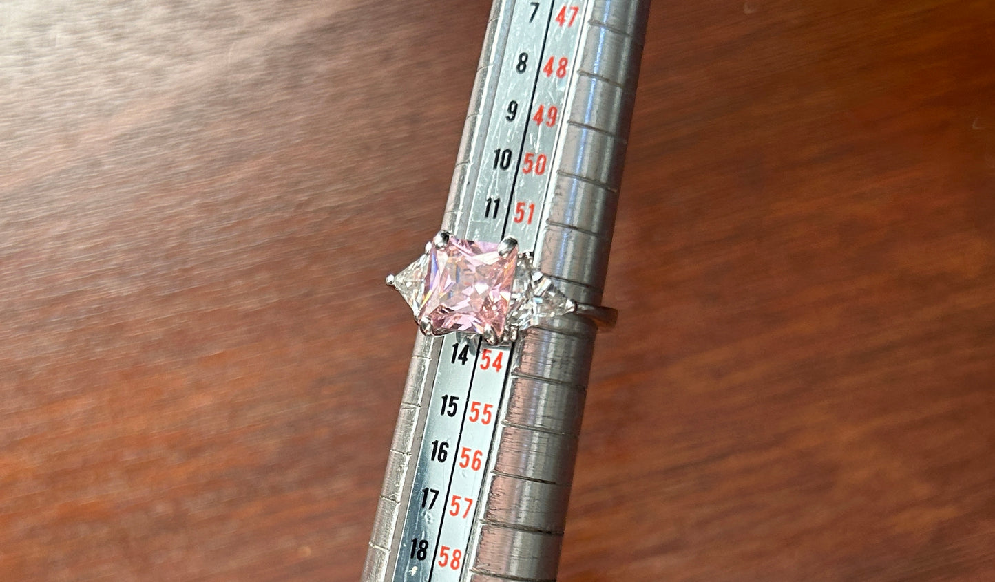 Silver Tone Princess Pink CZ Stone White Trillion Cut Cocktail Ring Sz 6.25