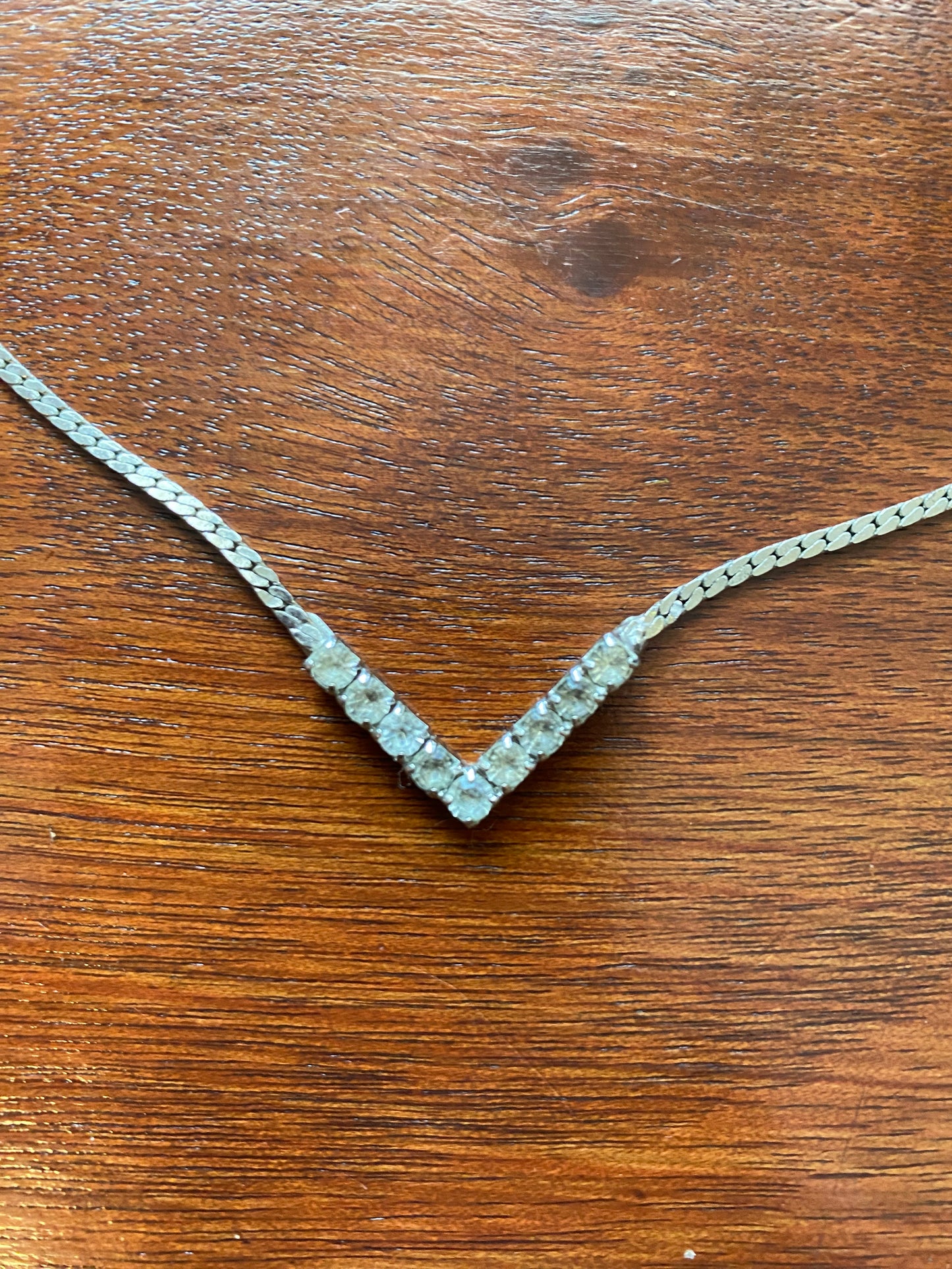 Silver Tone Rhinestone  Herringbone Chain Necklace