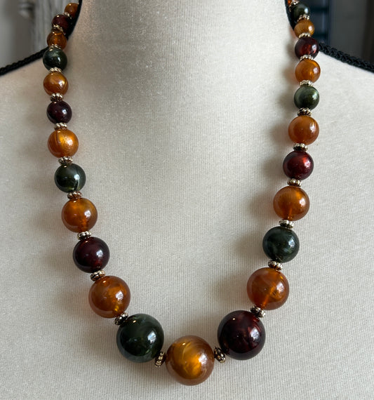 Vintage Genuine Lucite Marbled Bead Gold Tone Spacers Rhinestones Necklace