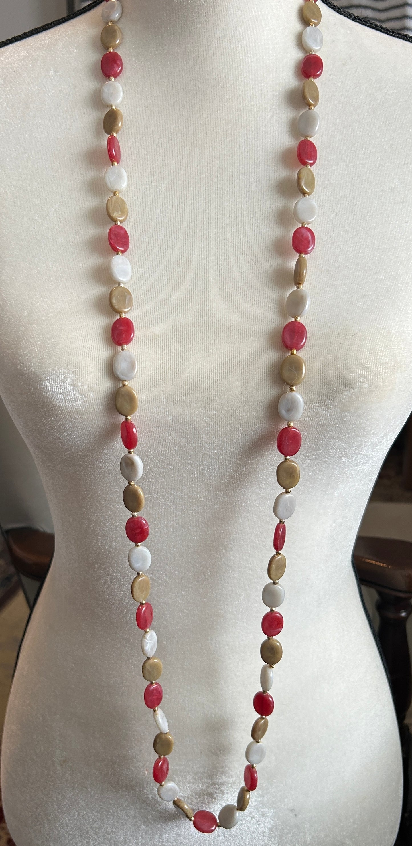 Vintage Red White Greenish Tan Flat Oval Beaded Long Opera Length Necklace